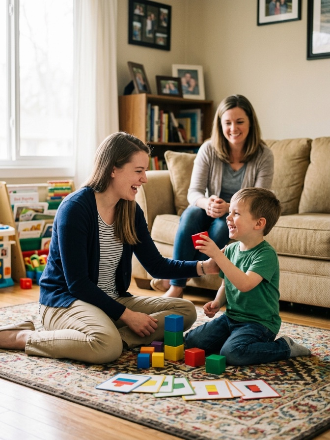 An Astra ABA therapist sharing a warm play-based moment with a child and parent during an in-home session