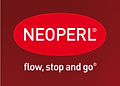 The Neoperl logo in white text on a red oval with the tagline flow, stop and go below.