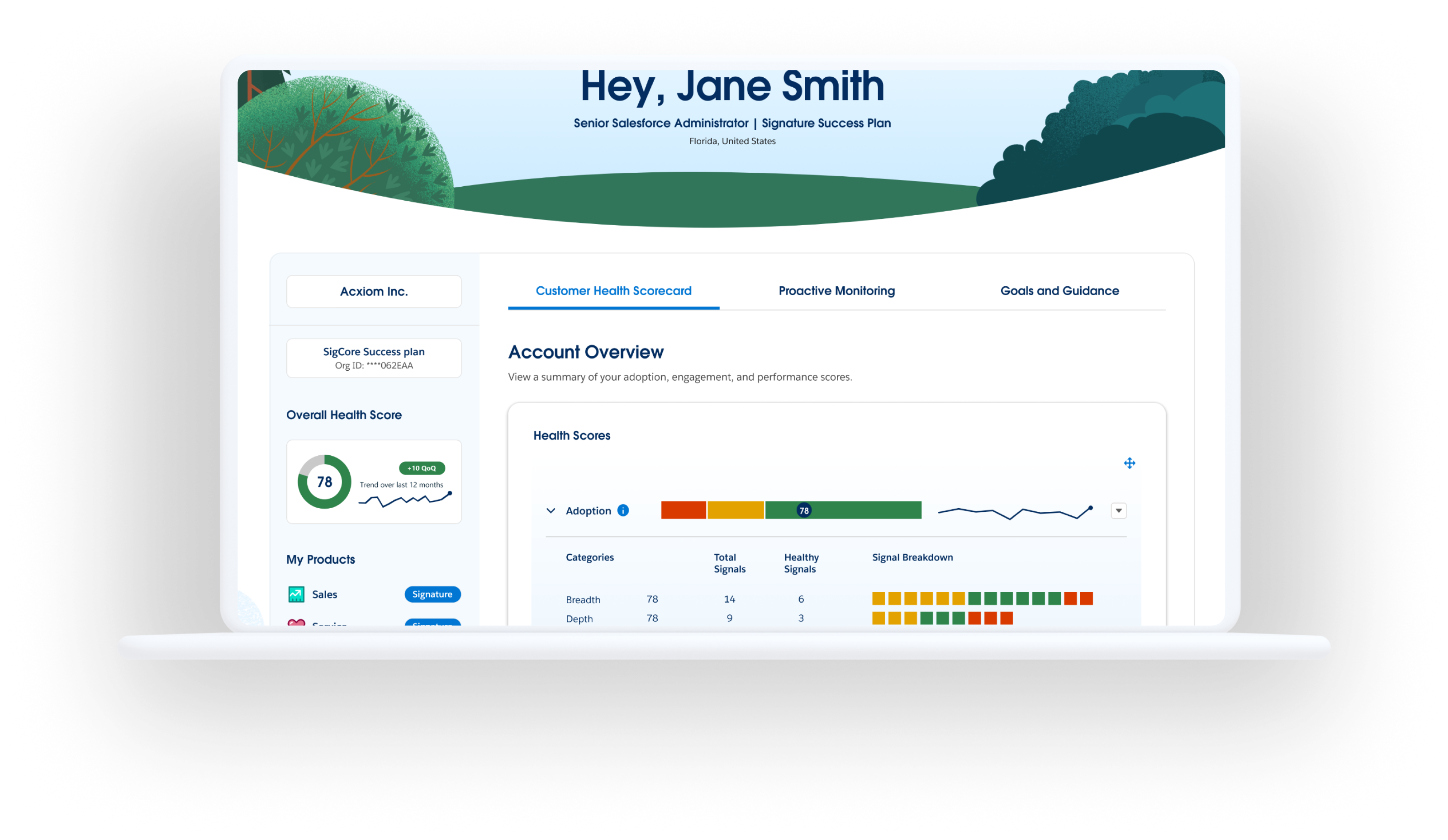 Salesforce Customer Health Score Card app home screen showing health scores and signal breakdown for adoption shown on a laptop screen
