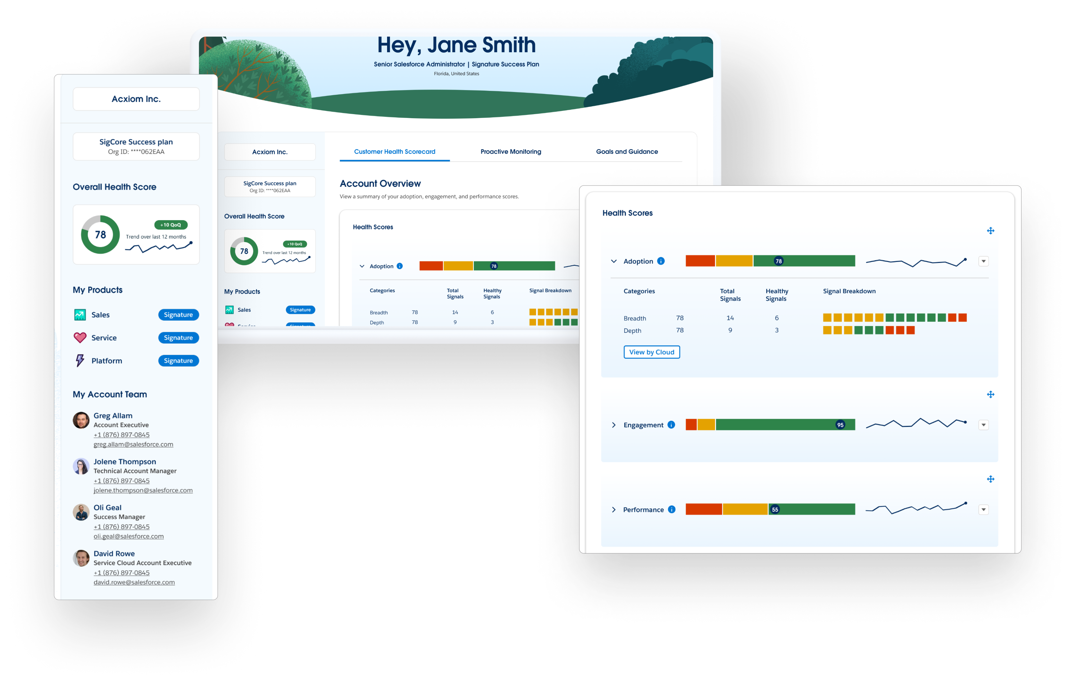 Salesforce Customer Health Score Card app screen on laptop showing enlarged sidebar and expanded accordian with signals screens