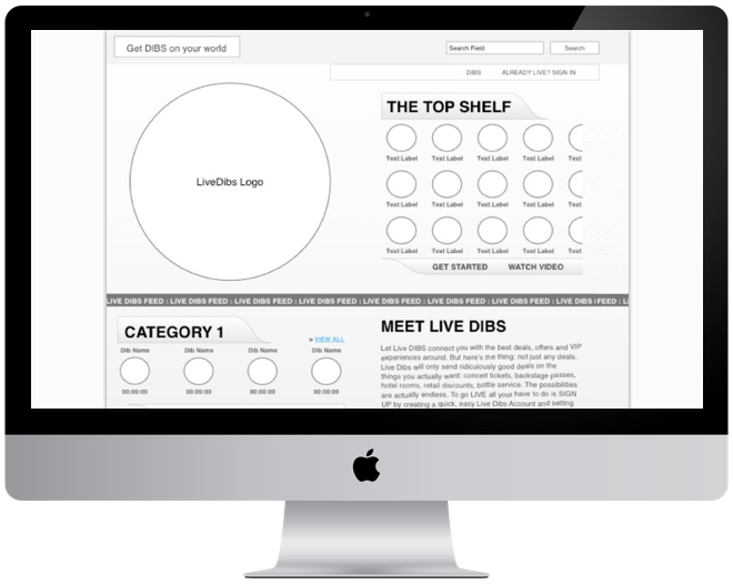 Wireframe design of dashboard displaying time sensitive deals for events