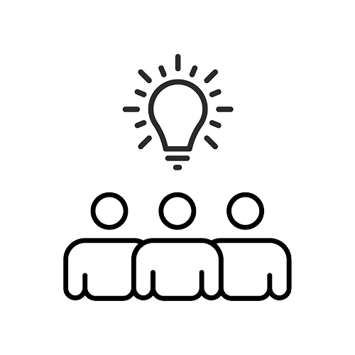 outlines of 3 humans with lighbulb above