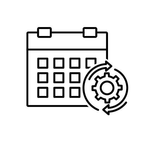 calendar with gear icon surrounded by circular arrows symbolizing scheduling automation