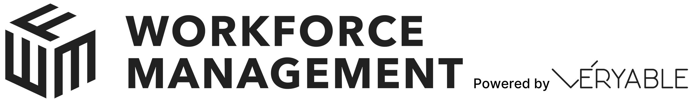 black logo with a cube on the left, bold WORKFORCE MANAGEMENT"center, and "Powered by VERYABLE" on the right.