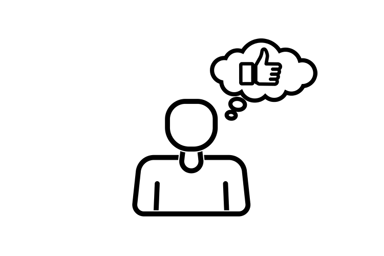 person with a thought bubble featuring a thumbs up symbolizing manager approval