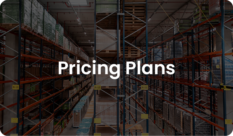Bright warehouse with orange racks full of boxes with "Pricing Plans" in bold white text 