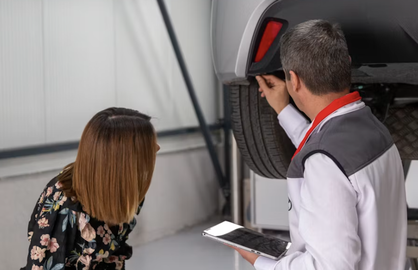 Ein Auto in einer modernen Lackiererei. Es wird lackiert.