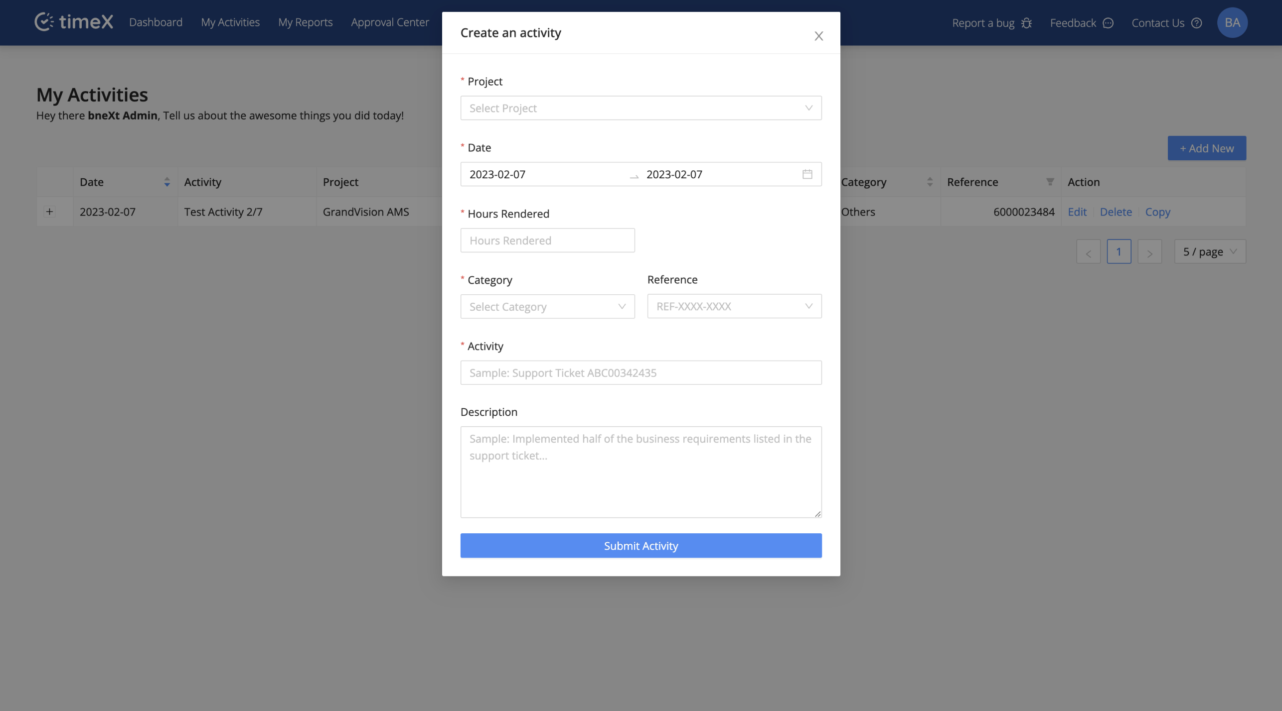 timeX V1 - Adding Activitees View