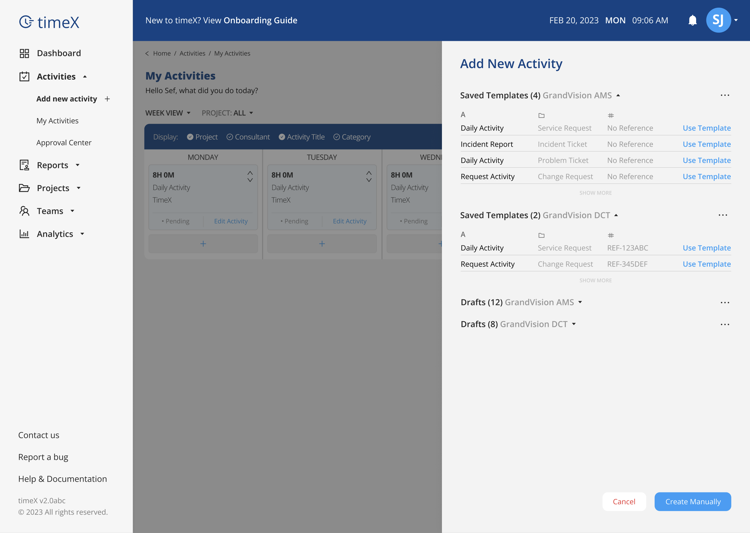 New Activity Modal - Using Templates