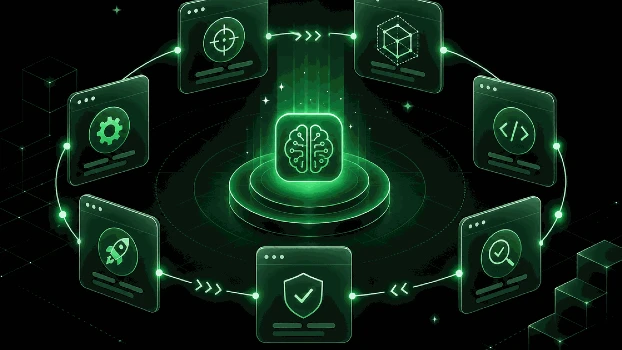 Illustration of various icons within a circle representing the topic of AI-native SDLC, AI SDLC, AI-DLC, and ADLC