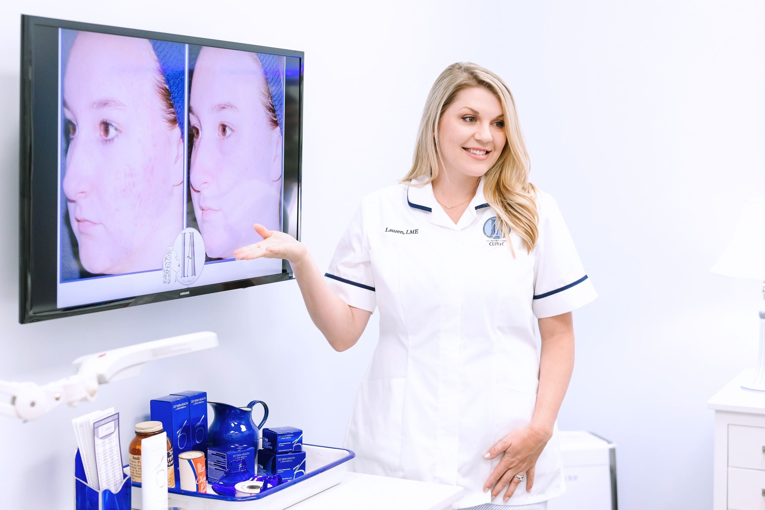Esthetician performing a skin acne treatment facial on a patient in Torrance, CA
