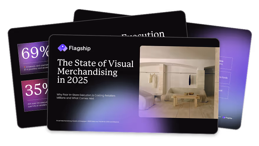 Cover and preview pages of Flagship’s 2025 State of Visual Merchandising report, featuring statistics and insights on in-store execution.