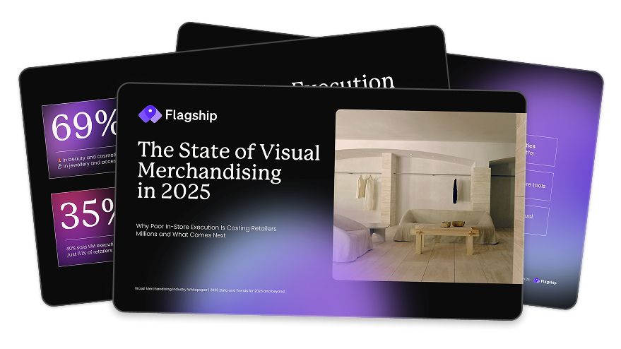Cover and preview pages of Flagship’s 2025 State of Visual Merchandising report, featuring statistics and insights on in-store execution.
