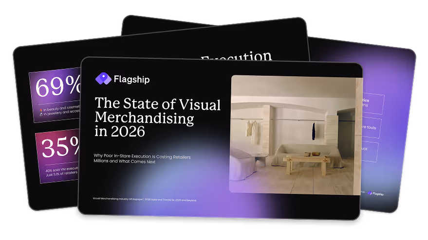 Stack of digital presentation slides titled 'The State of Visual Merchandising in 2026' by Flagship, featuring a minimalist living room with hanging clothes and modern furniture.
