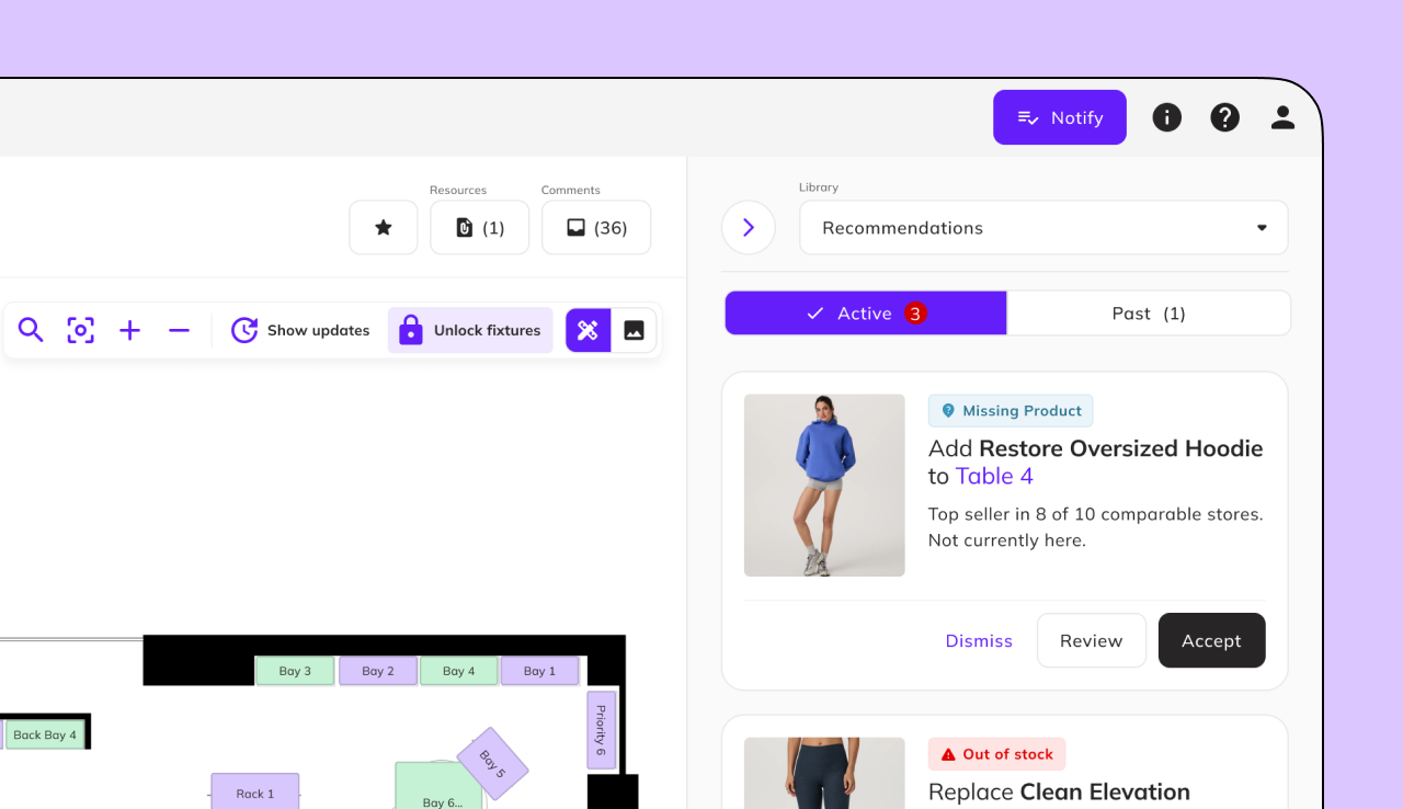 Flagship AI recommendation panel showing active merchandising suggestions, including a missing product alert and an out-of-stock item flagged for replacement