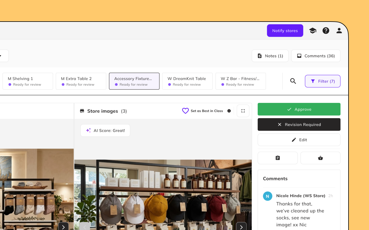 Flagship store image review interface showing fixture photos submitted for approval, with AI scoring, comment thread, and approve or revision required actions