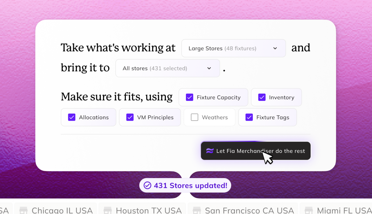 Flagship AI recommendation panel showing active merchandising suggestions, including a missing product alert and an out-of-stock item flagged for replacement