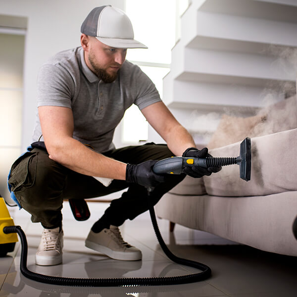 Cleaner wiping a kitchen countertop with a cloth and spray bottle.