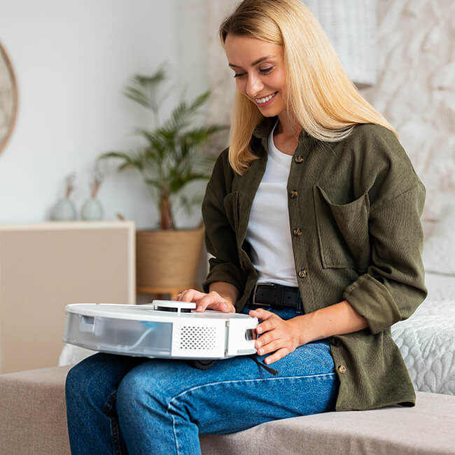 Woman checking a robot vacuum.