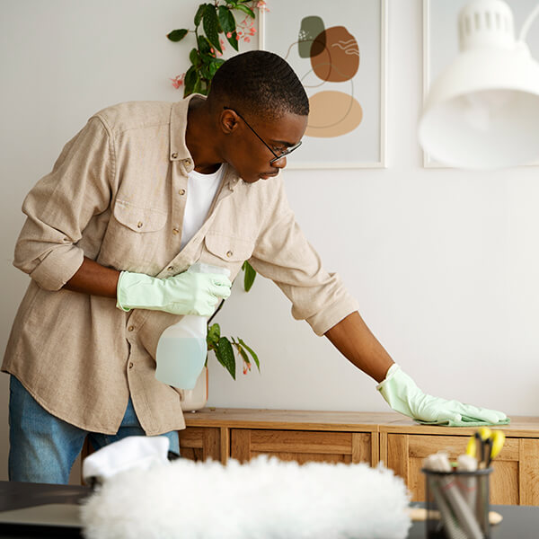 Cleaner wiping a wooden cabinet.