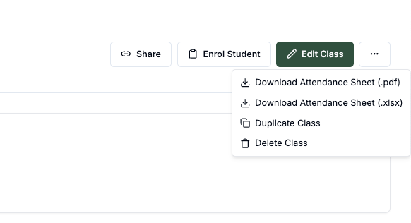 Dropdown menu showing class management options with buttons for sharing, enrolling students, and editing class details.