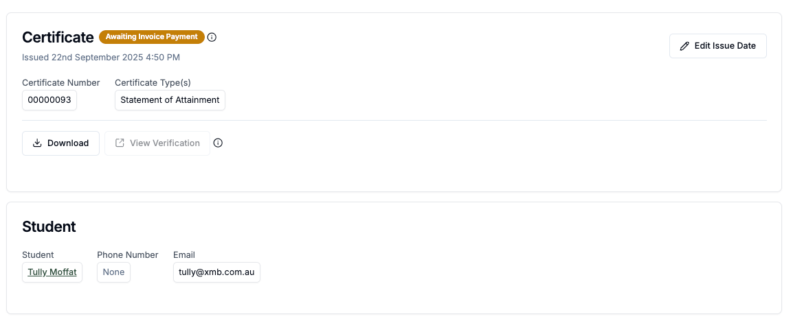 Statement of attainment certificate for student Tully Moffat with certificate number 00000093, issued on 22nd September