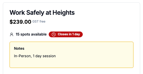 Work Safely at Heights training course registration page with pricing and availability details