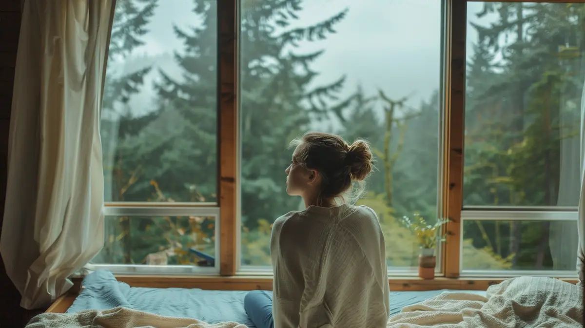 Contemplative person indoors during an overcast summer day in Seattle, illustrating challenges of summer depression