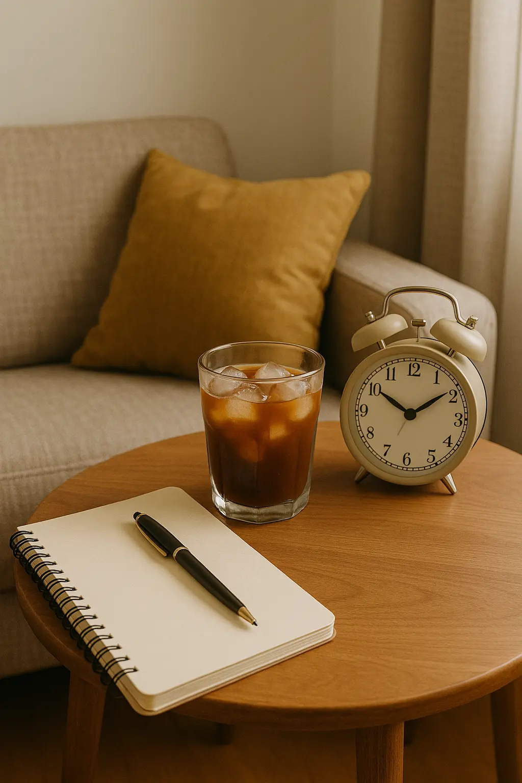 Cozy home scene with journal, drink, and clock, representing self-care for seasonal depression