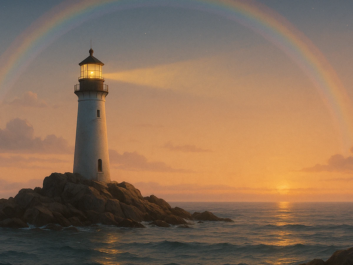 Moody skies with lighthouse and rainbow symbolizing hope for depression