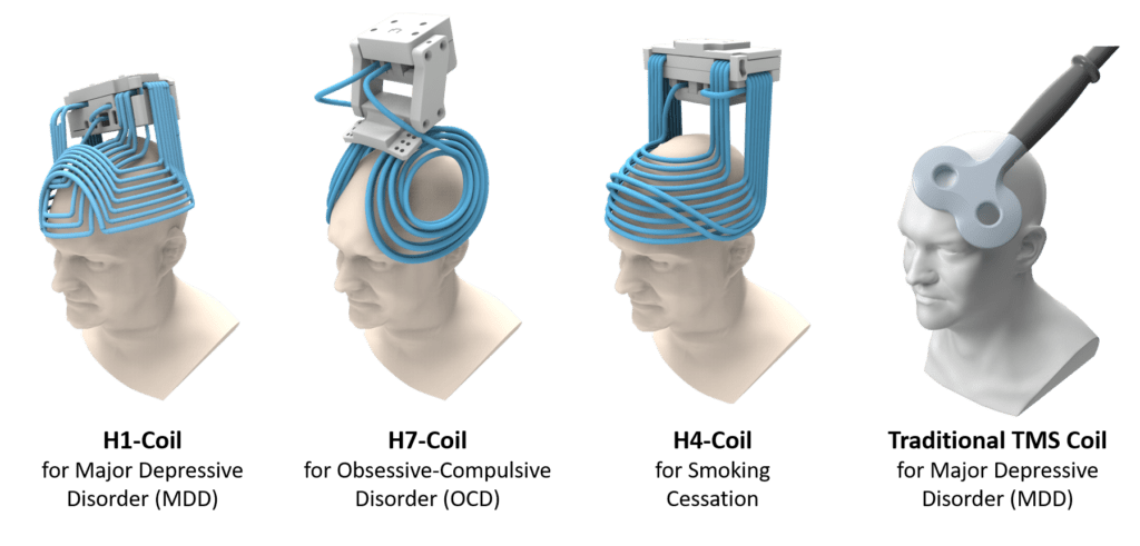 Image of Brainsway dTMS coils including MDD, OCD, Smoking Cessation and traditional TMS coil