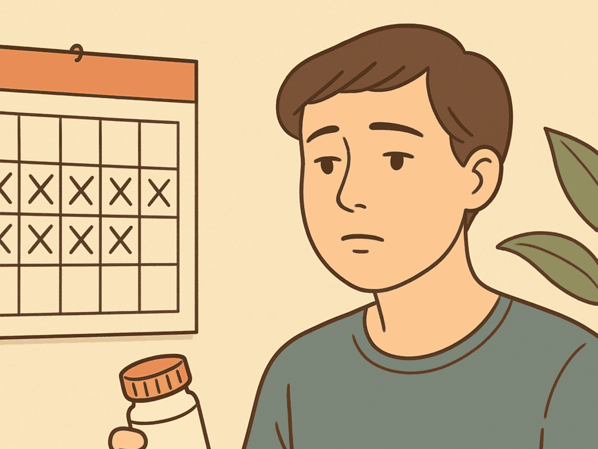 Illustration of disappointed looking person with bottle of antidepressants with calendar in background, symbolic of disappointment when medications do not work for depression