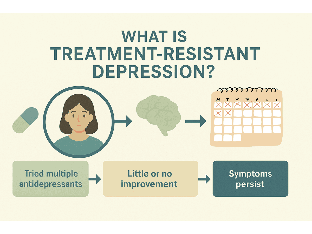 Infographic showing Treatment Resistant Depression defined by multiple antidepressants trued with little or no improvement with symptioms persisting.