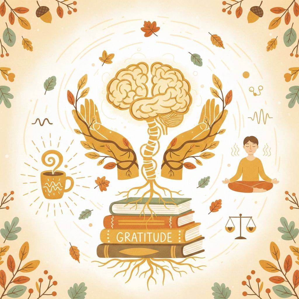 Warm illustration of a calm brain surrounded by soft light and leaves and supporting hands, symbolizing gratitude gently supporting the nervous system.