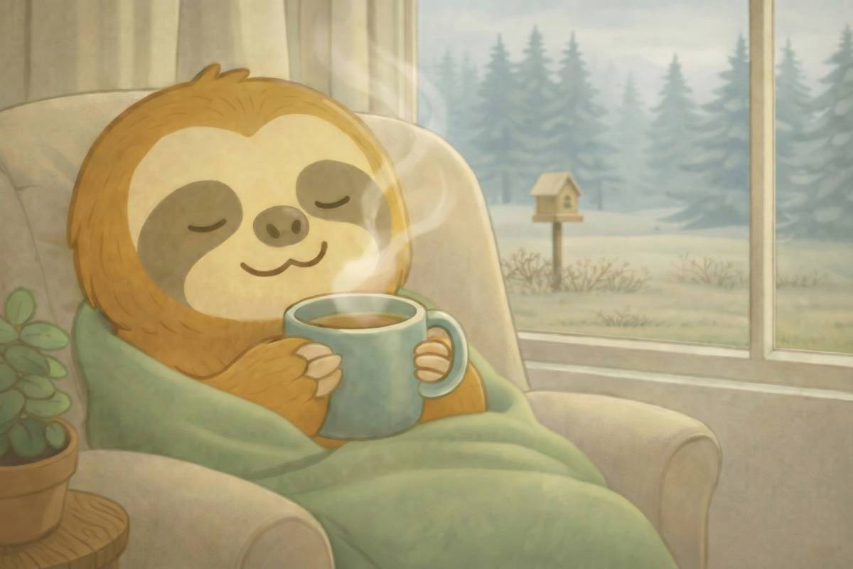 Oatmeal the sloth relaing with a mug of hot tea and weighted blanket with winter scene outside the window, showing self care and relaxing are part of being ok with not setting resolutions in a new year and taking time to recharge.