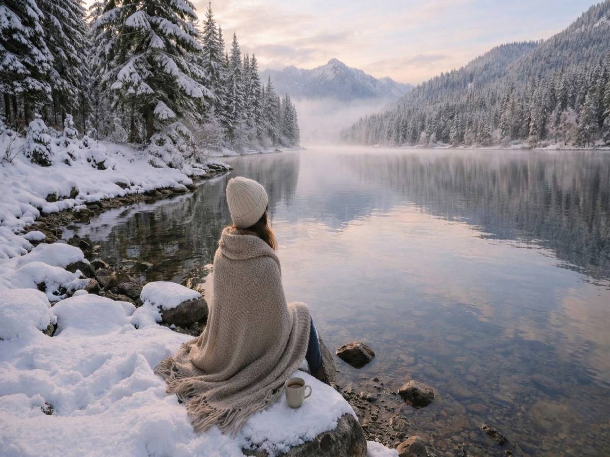 Calm winter scene in the Pacific Northwest with evergreen trees and soft gray light, representing a slower and more gentle start to the new year.