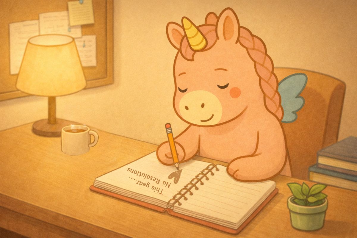 Betty the unicorn writing in her journal that this year, no resolutions as she feels calm and satisfied that she is resting and resetting this January.