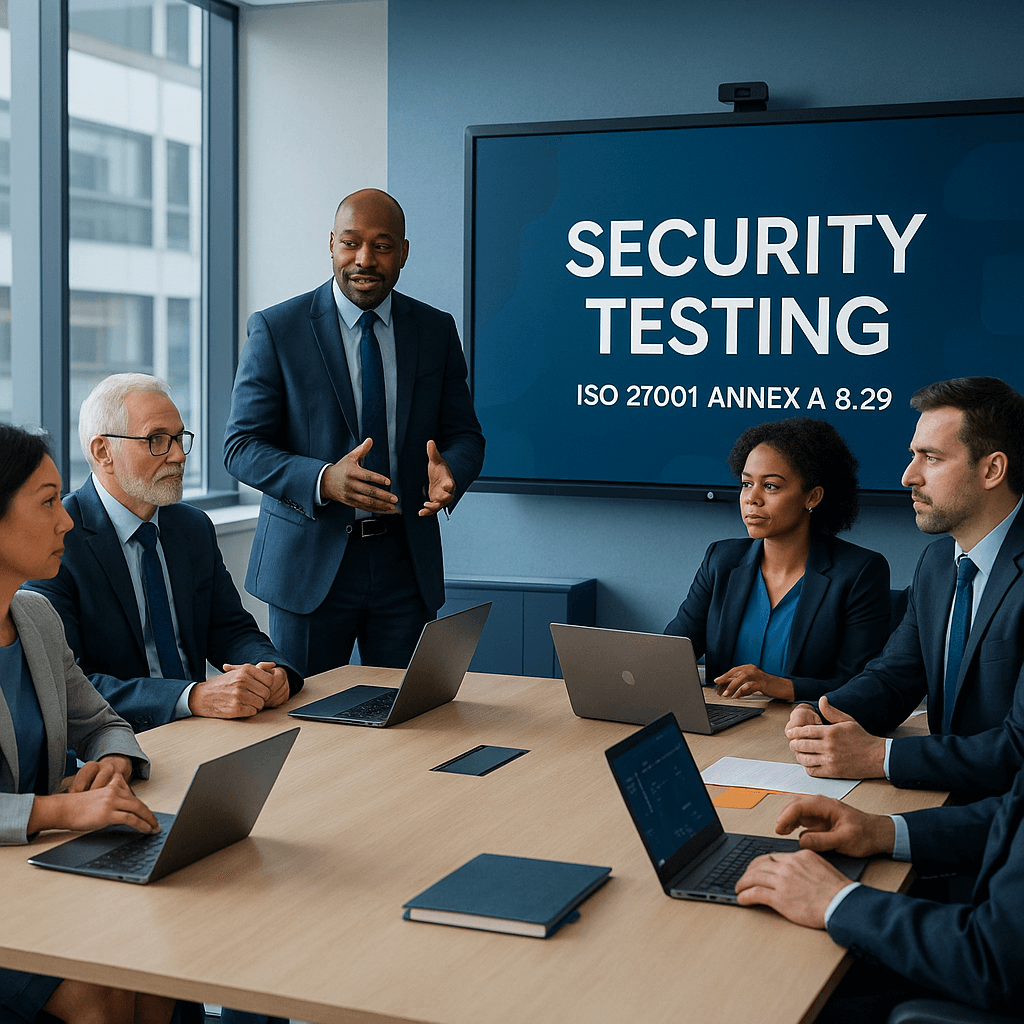 Diverse team collaborating in a modern boardroom on ISO 27001 Annex A 8.29 security testing strategies.