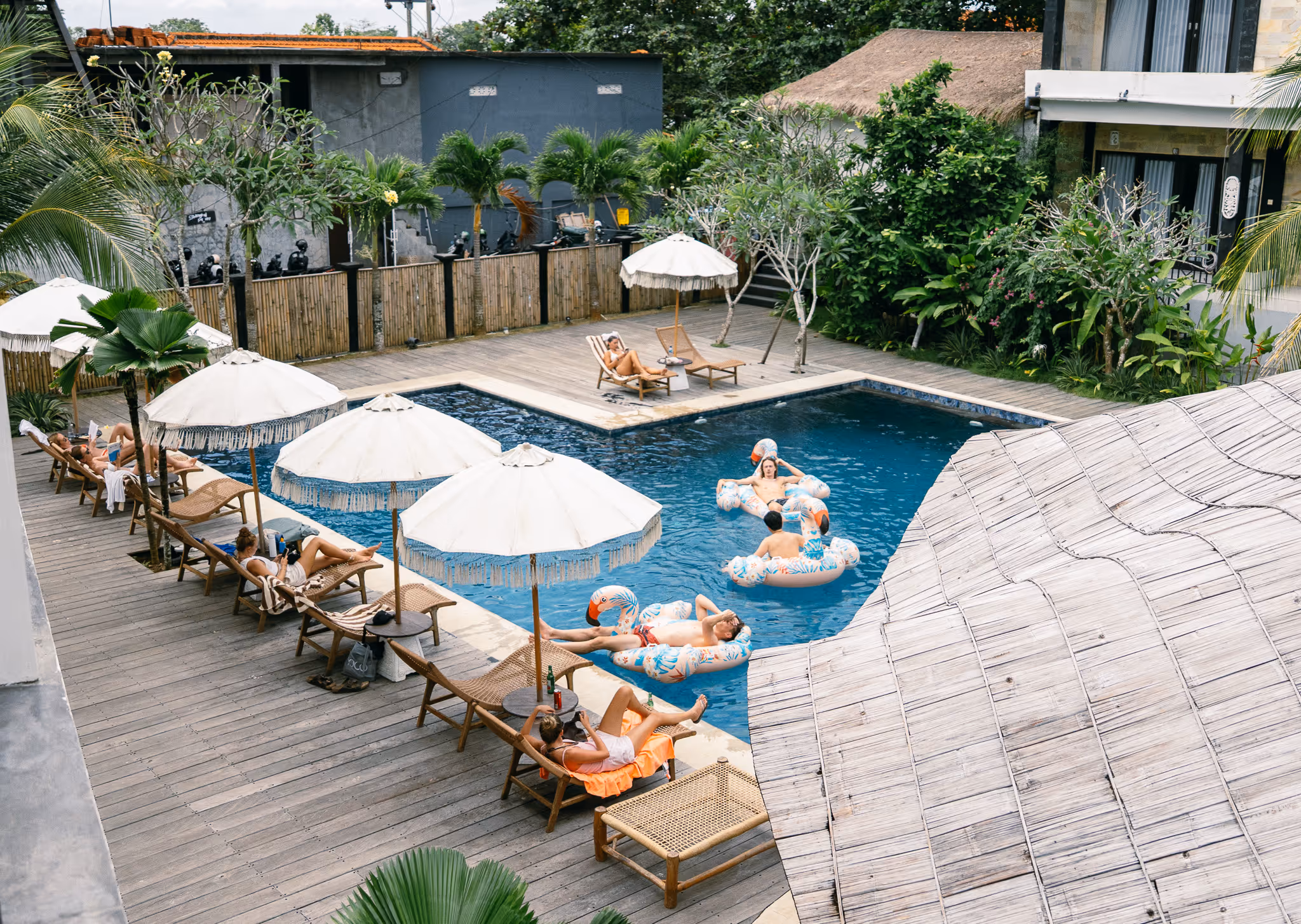 Pool and sun loungers at Kala Surf Camp in Uluwatu, five minutes from Padang Padang