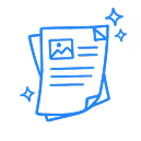 Illustration stylisée de documents avec une image et du texte, entourée d'étoiles bleues scintillantes.