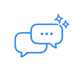 Icône de deux bulles de dialogue bleues, l'une avec trois points et des étoiles scintillantes.