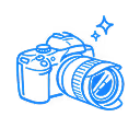 Icône de caméra bleue stylisée avec deux étincelles.