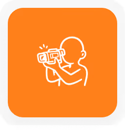 Icône blanche d'une personne regardant à travers des jumelles sur fond orange.