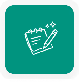 Icône blanche sur fond vert montrant un carnet à spirale et un crayon avec des étoiles scintillantes.