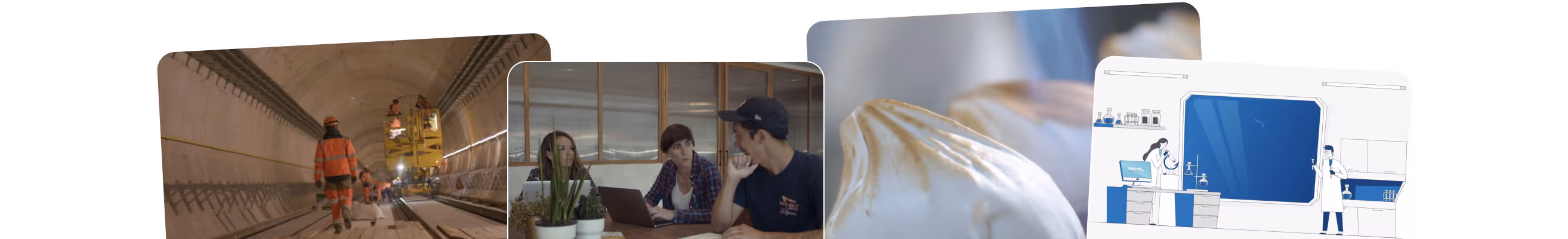 Collage montrant des ouvriers en tenue de sécurité au travail, une réunion d'équipe dans un bureau, des macarons dans un bol, et une illustration d'une personne avec une ville la nuit en arrière-plan.