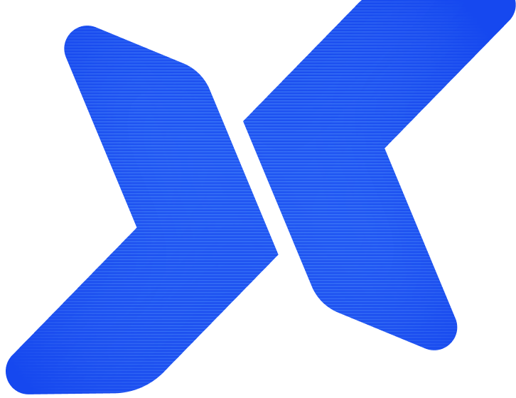 Logo bleu abstrait formant deux formes angulaires symétriques sur fond noir.