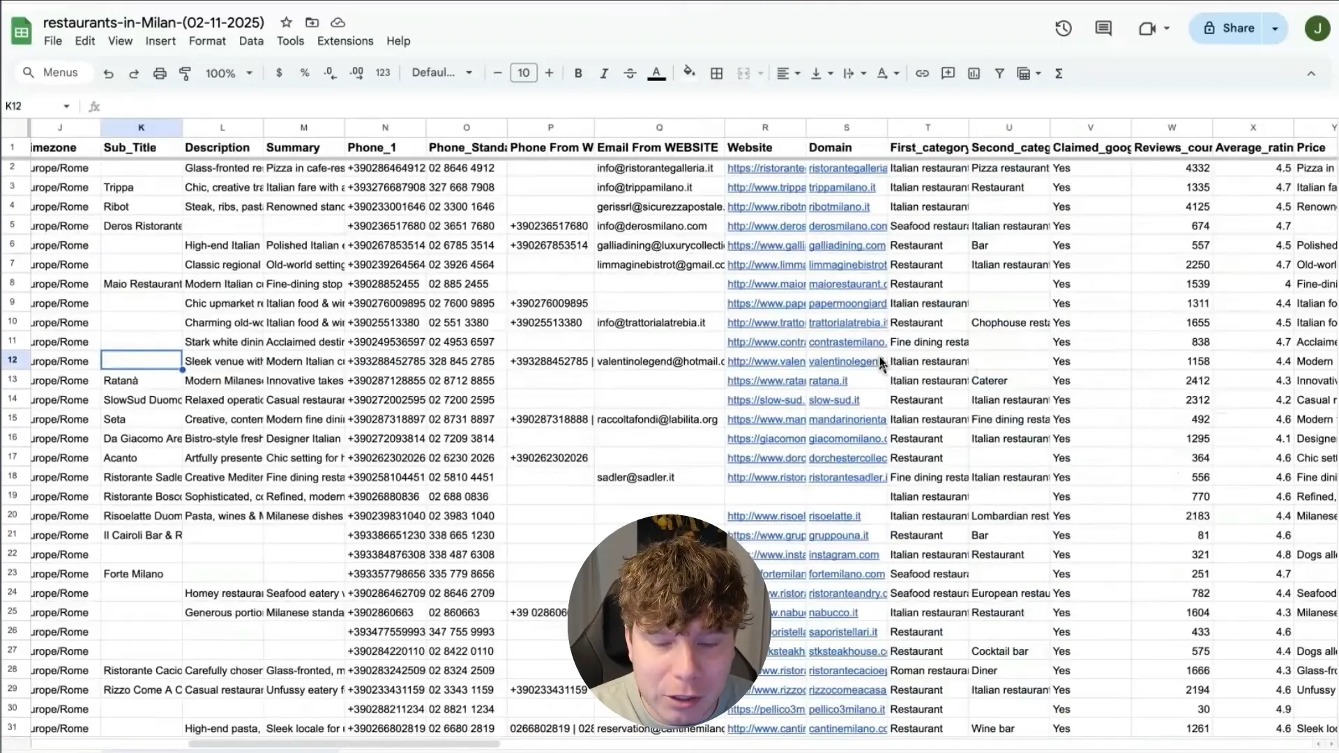 Exported Google Maps data opened in Google Sheets showing restaurant leads