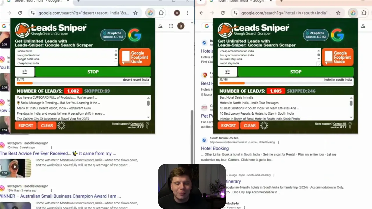 Leads Sniper Google Search Scraper interface running multiple keyword searches
