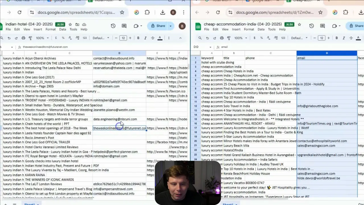 Exported spreadsheet with detailed leads data including emails and social media links