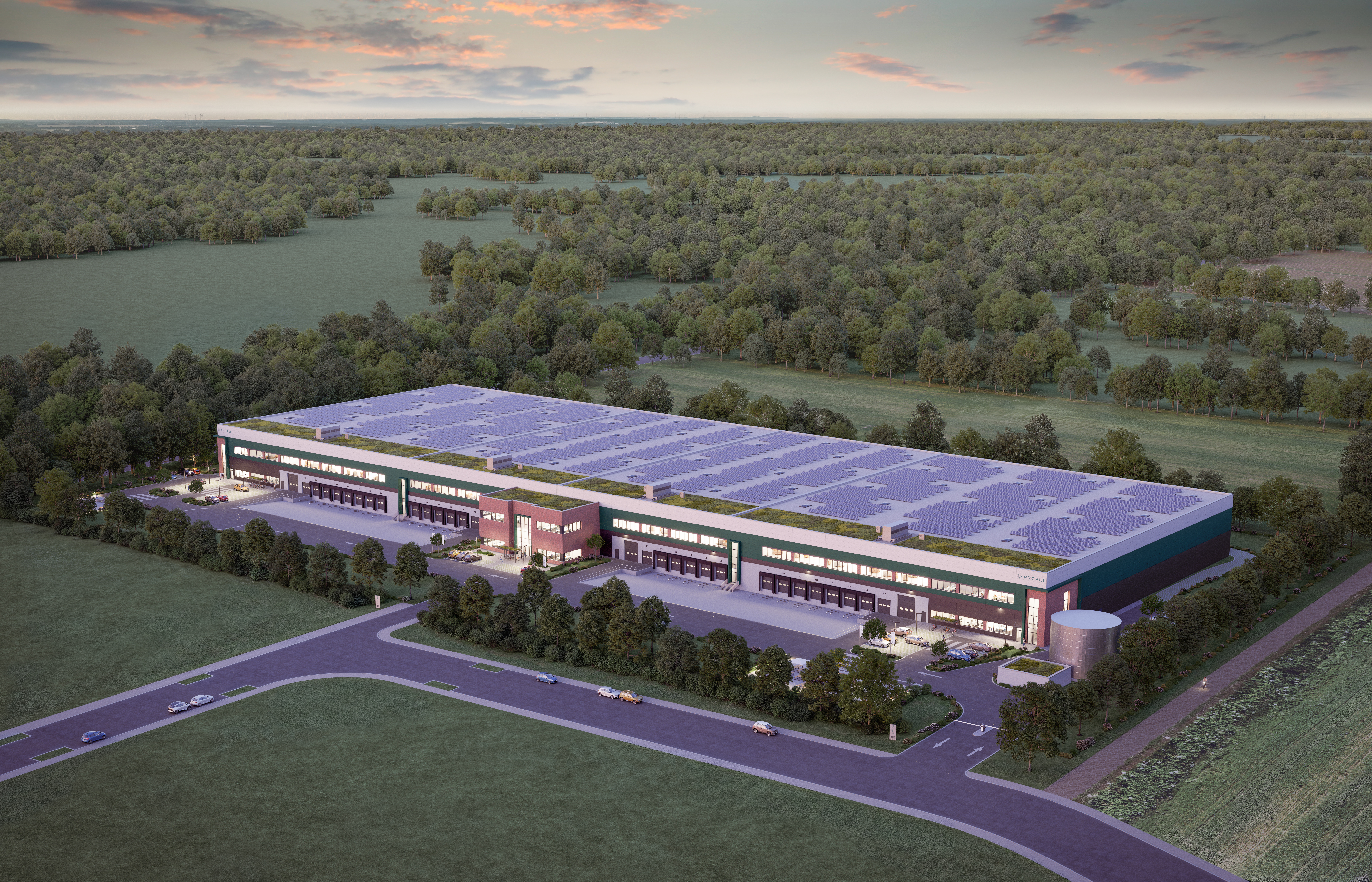 Aerial view of Business Park Hamburg A1 in Stapelfeld with photovoltaics across the full roof